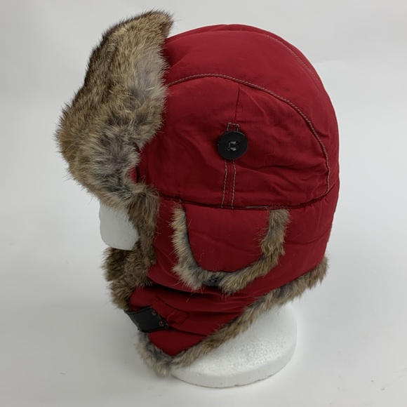 Mad Bomber Rabbit fur Nylon winter hat Red Brown Adjustable strap Linef Sz Small - Picture 3 of 12